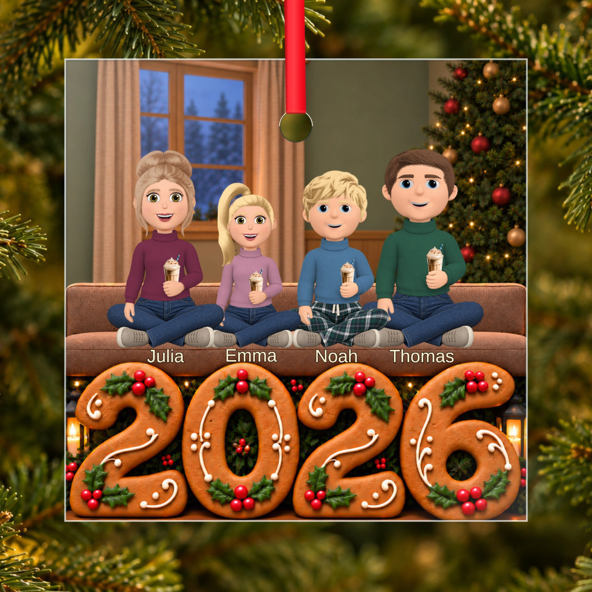 [NL] Amsterdam 2026 — gepersonaliseerd glazen kerstornament met gezin in de kerstboom